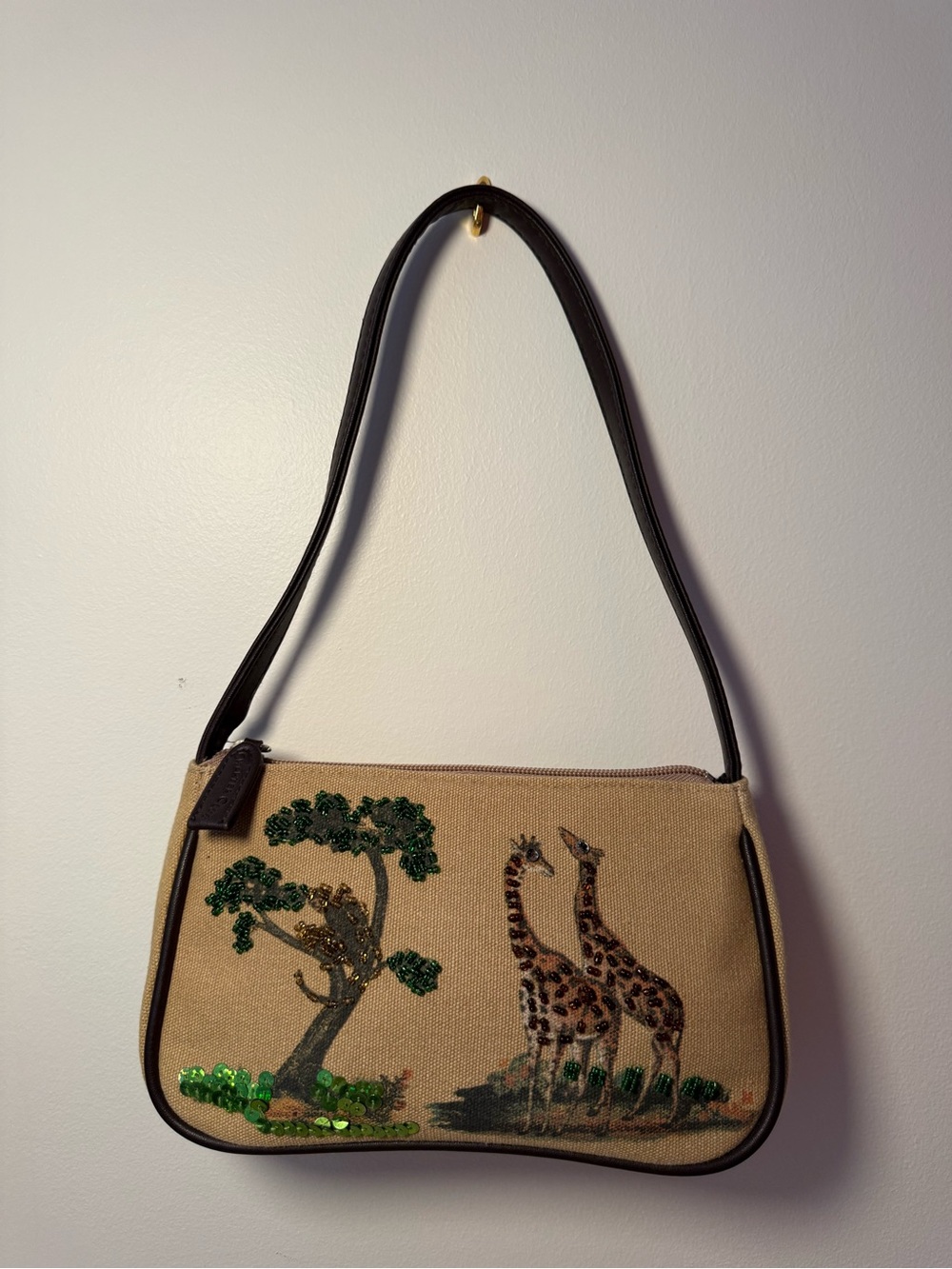 Charter Club Beaded Giraffe Embroidered Beige Shoulder Bag